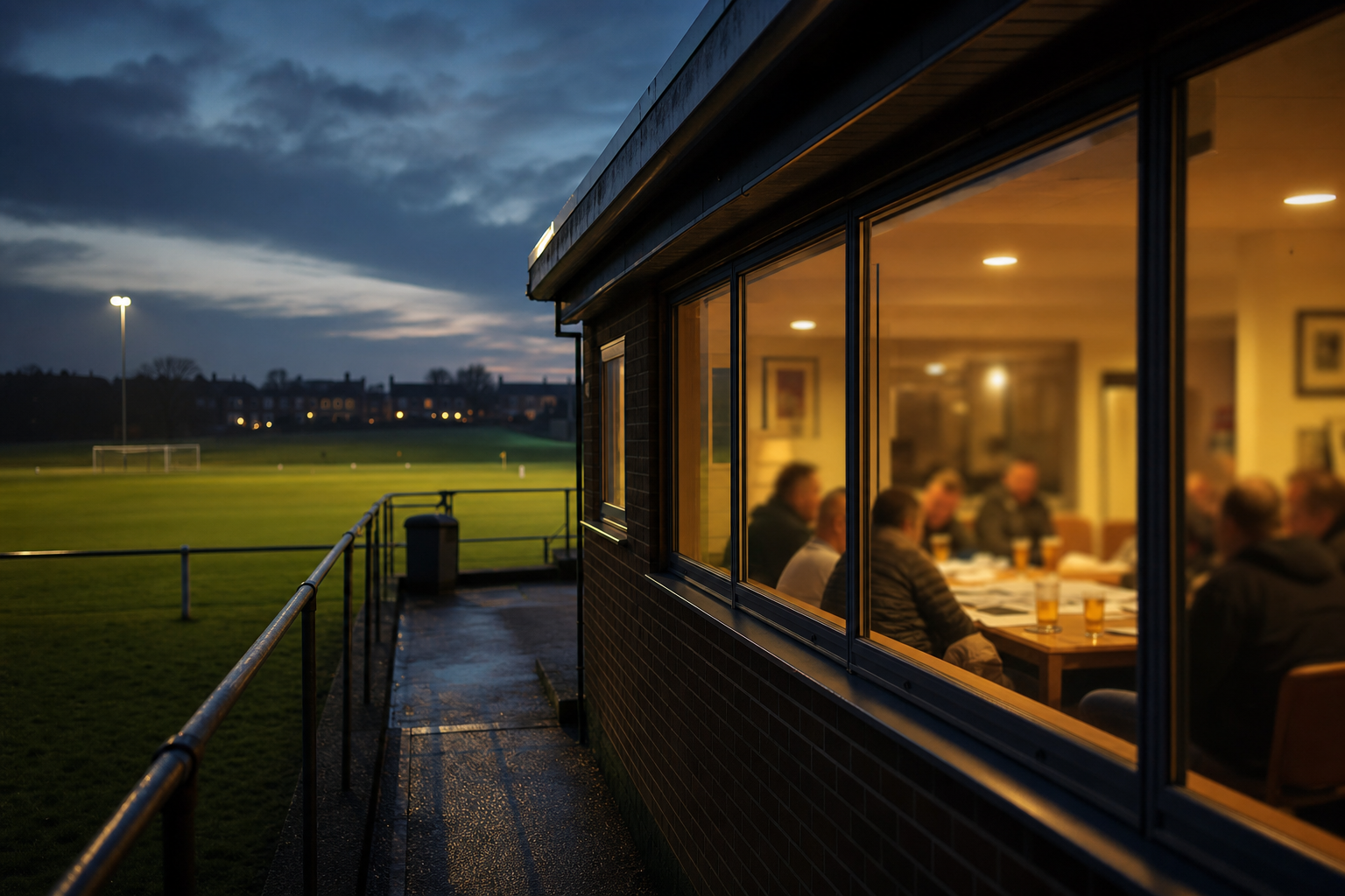 Vereinsheim eines Sportvereins am Abend, durch das Fenster sieht man Menschen um einen Tisch mit Getränken und Papieren, draußen ein Fußballplatz im Dämmerlicht