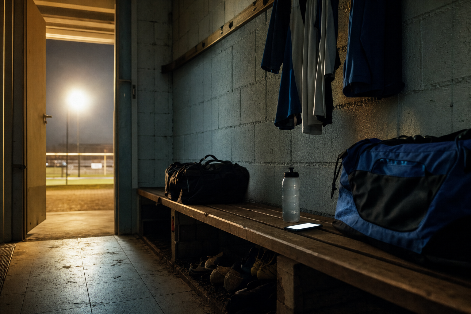 Umkleidekabine eines Amateurvereins nach dem Training, Sporttaschen auf der Bank, ein Smartphone leuchtet neben einer Trinkflasche, durch die Tür fällt Flutlicht